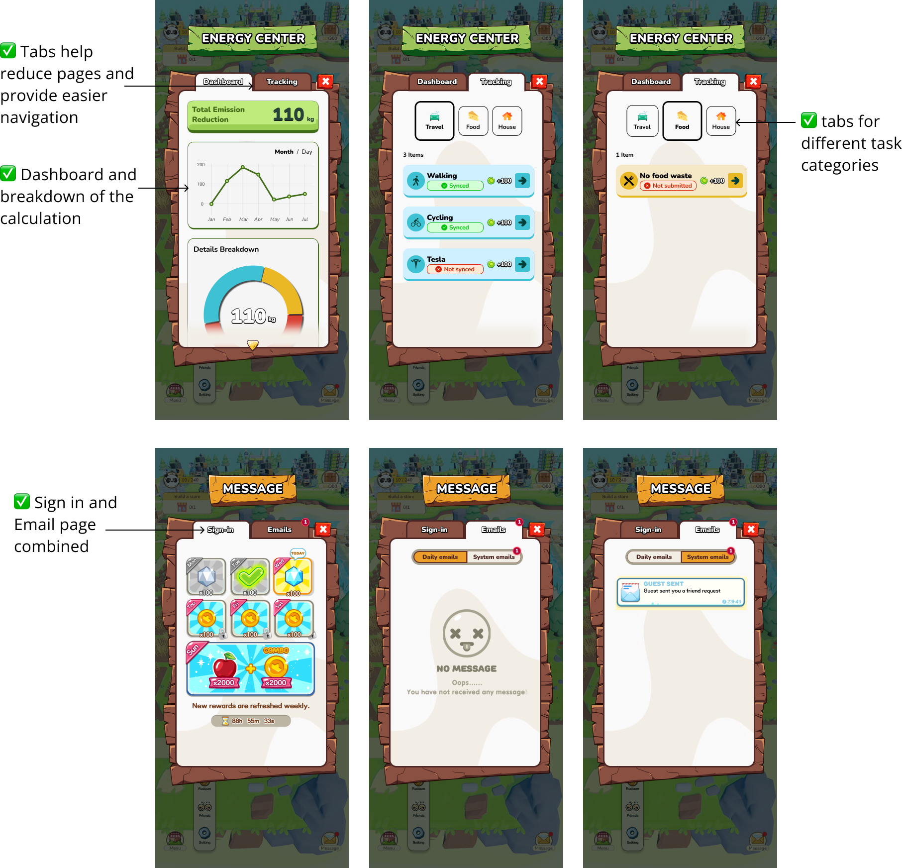 Energy Center and Message screens